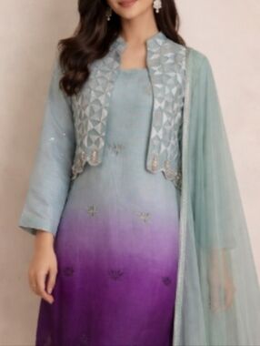 MOIRE Designer Pakistani 4pc Kurta Jacket Pants Shawl Outfit MEDIUM Ombre